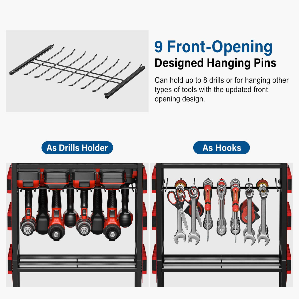 JUNNUJ adjustable bottom shelf fits larger drills and batteries securely.
