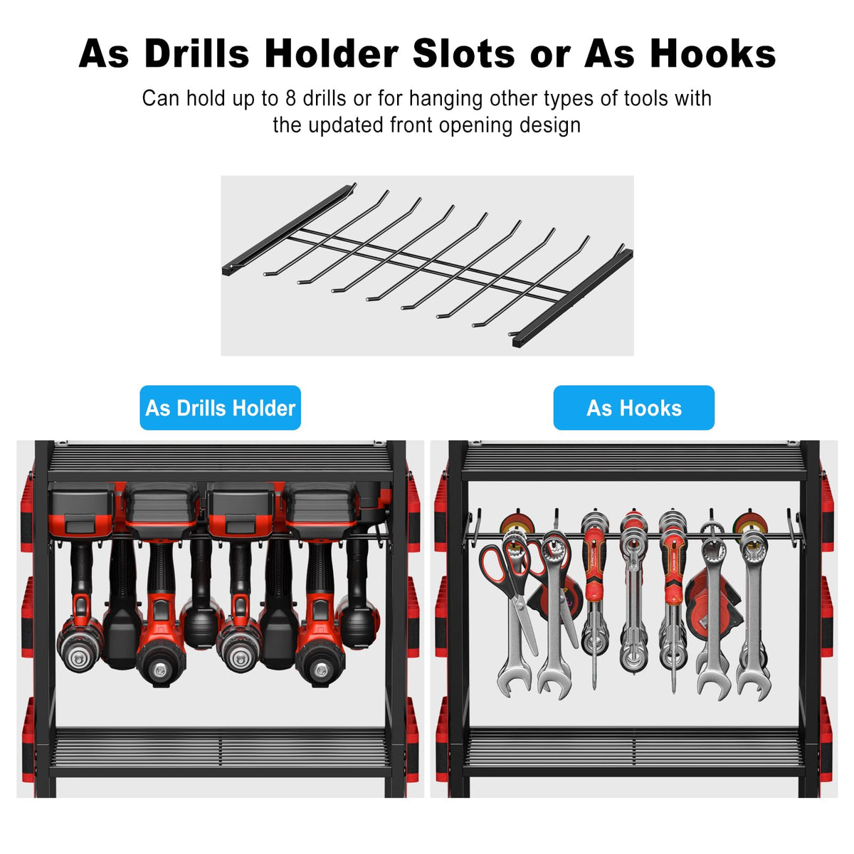JUNNUJ adjustable bottom shelf increases space for bulky tools.