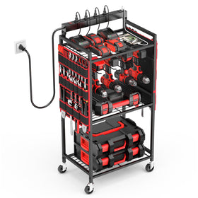 JUNNUJ power tool cart with 8 outlets and wheels for clutter-free garage organization.