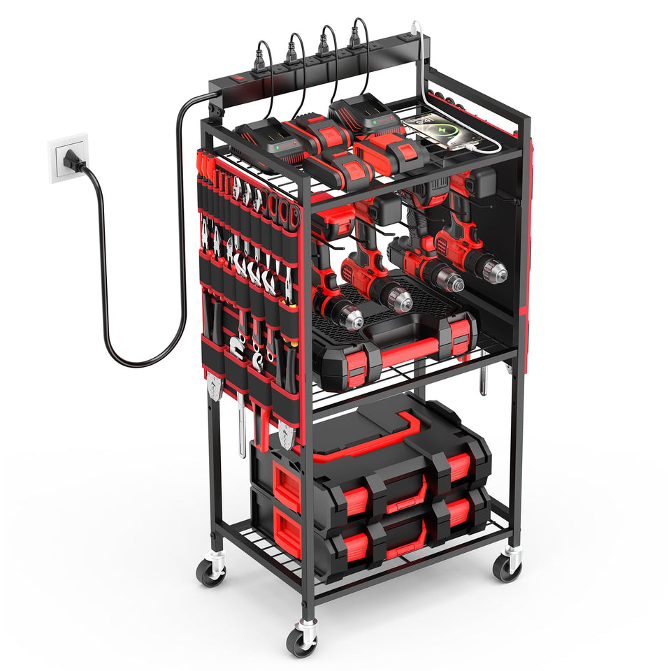 JUNNUJ power tool cart with 8 outlets and wheels for clutter-free garage organization.