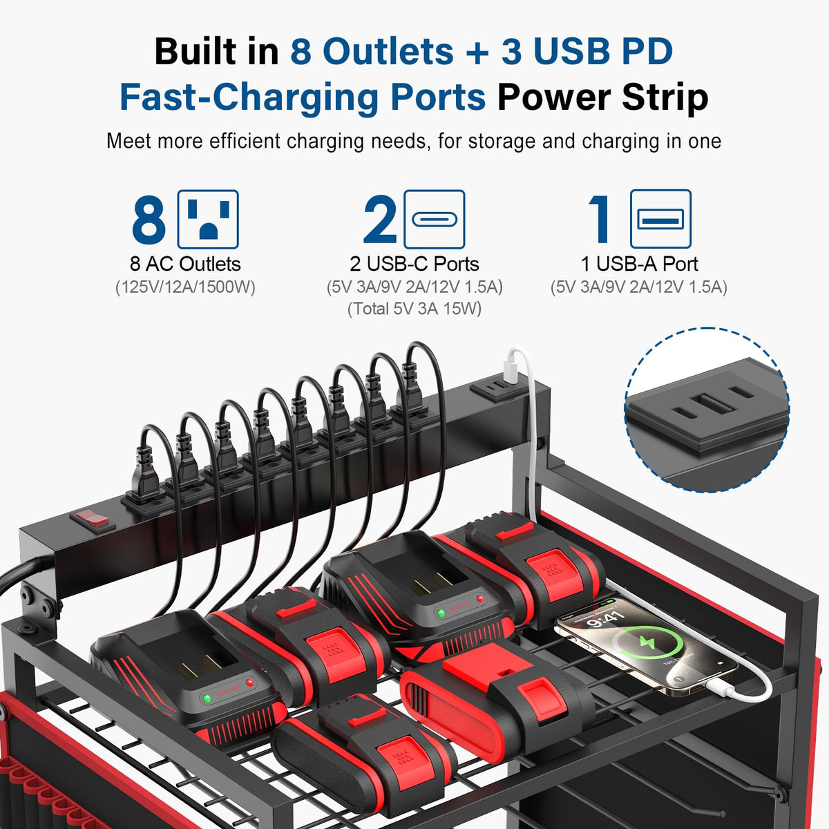 JUNNUJ close-up of 8-outlet power strip with USB-C/USB-A ports powering tools.
