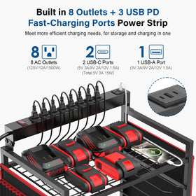 JUNNUJ close-up of 8-outlet power strip with USB-C/USB-A ports powering tools.