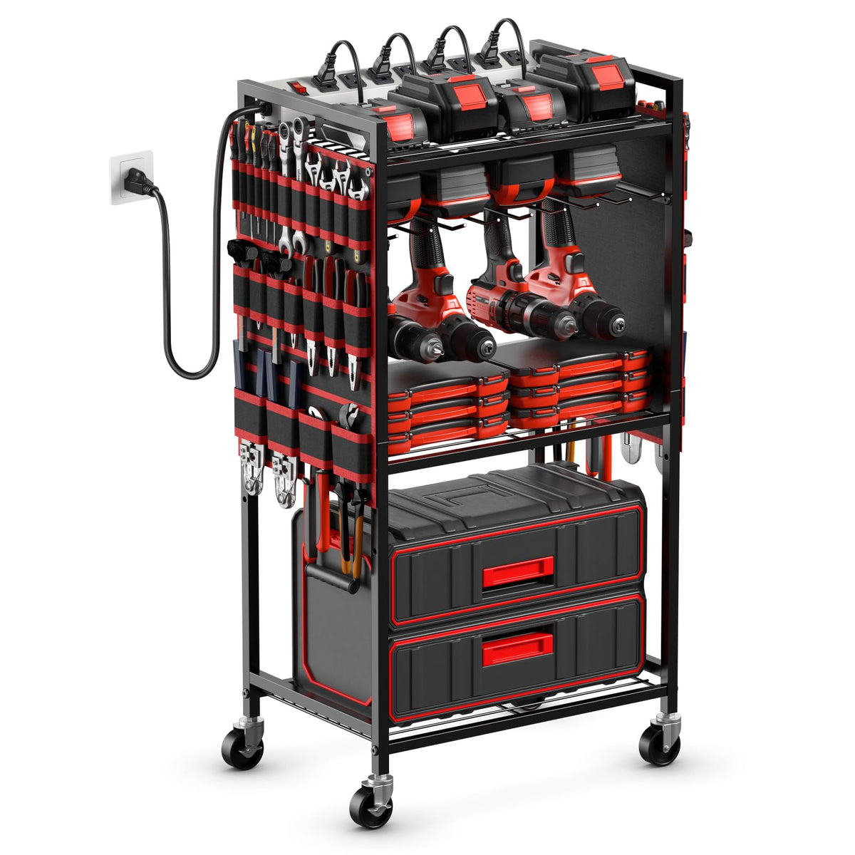 JUNNUJ power tool organizer cart with charging station, red, keeps drills powered and ready.
