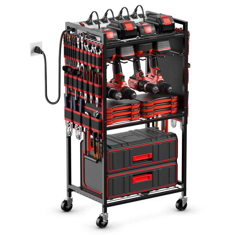 JUNNUJ power tool organizer cart with charging station, red, keeps drills powered and ready.