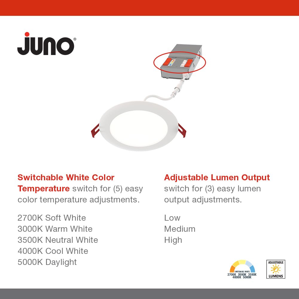 Juno 6-inch downlight displaying five color temperature options from warm to daylight.