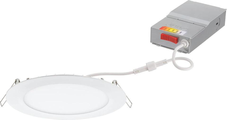 Juno LED wafer downlight 6in front view with slim profile for quick installations.