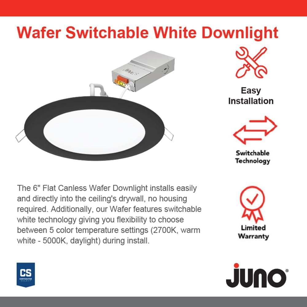 Juno wafer downlight installation in ceiling demonstrates quick remodel-ready setup without housings
