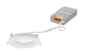 Juno regressed wafer 4-inch downlight with glare-reducing baffle for soft ceilings.