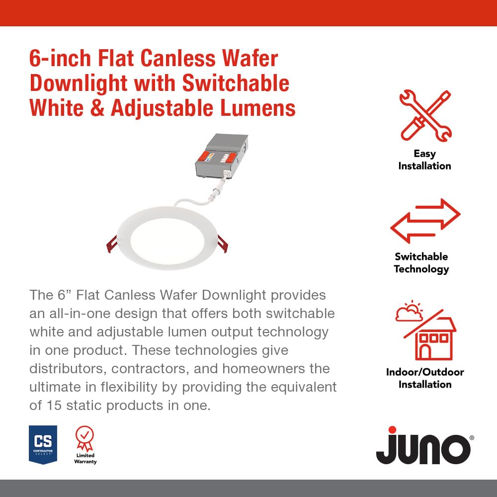 Close-up of Juno wafer downlight highlighting slim canless body for fast remodels.