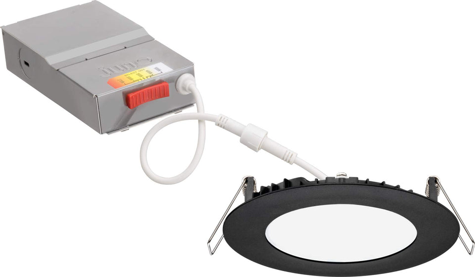 Juno WF4 downlight close-up showing a slim 4-inch wafer for easy remodel installs.