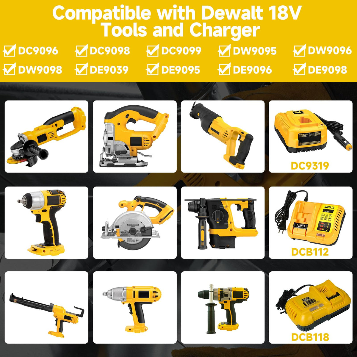 JUNWOOD 8.0Ah Dewalt 18V battery LED indicator displays charge level.