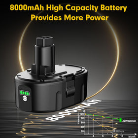 JUNWOOD 8.0Ah Dewalt 18V battery pack highlighting high capacity core.