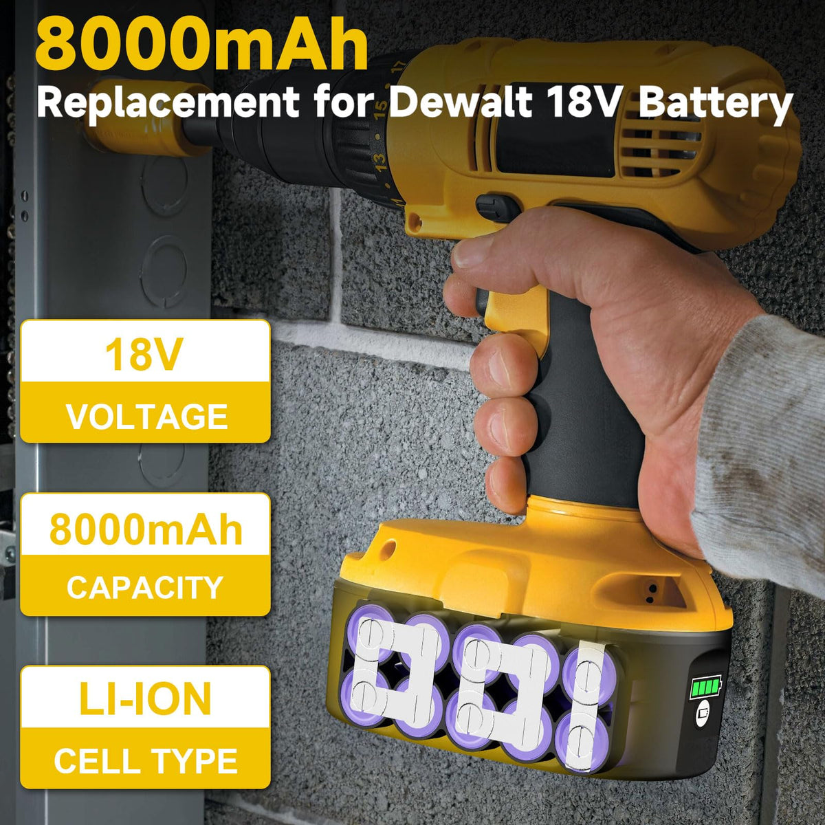 JUNWOOD 8.0Ah Dewalt 18V battery side view showing balanced design.