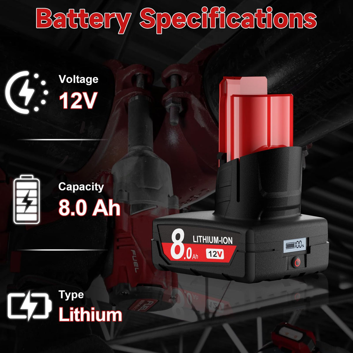 JUNWOOD 8.0Ah battery compatible with Milwaukee 48-11-2401 model.