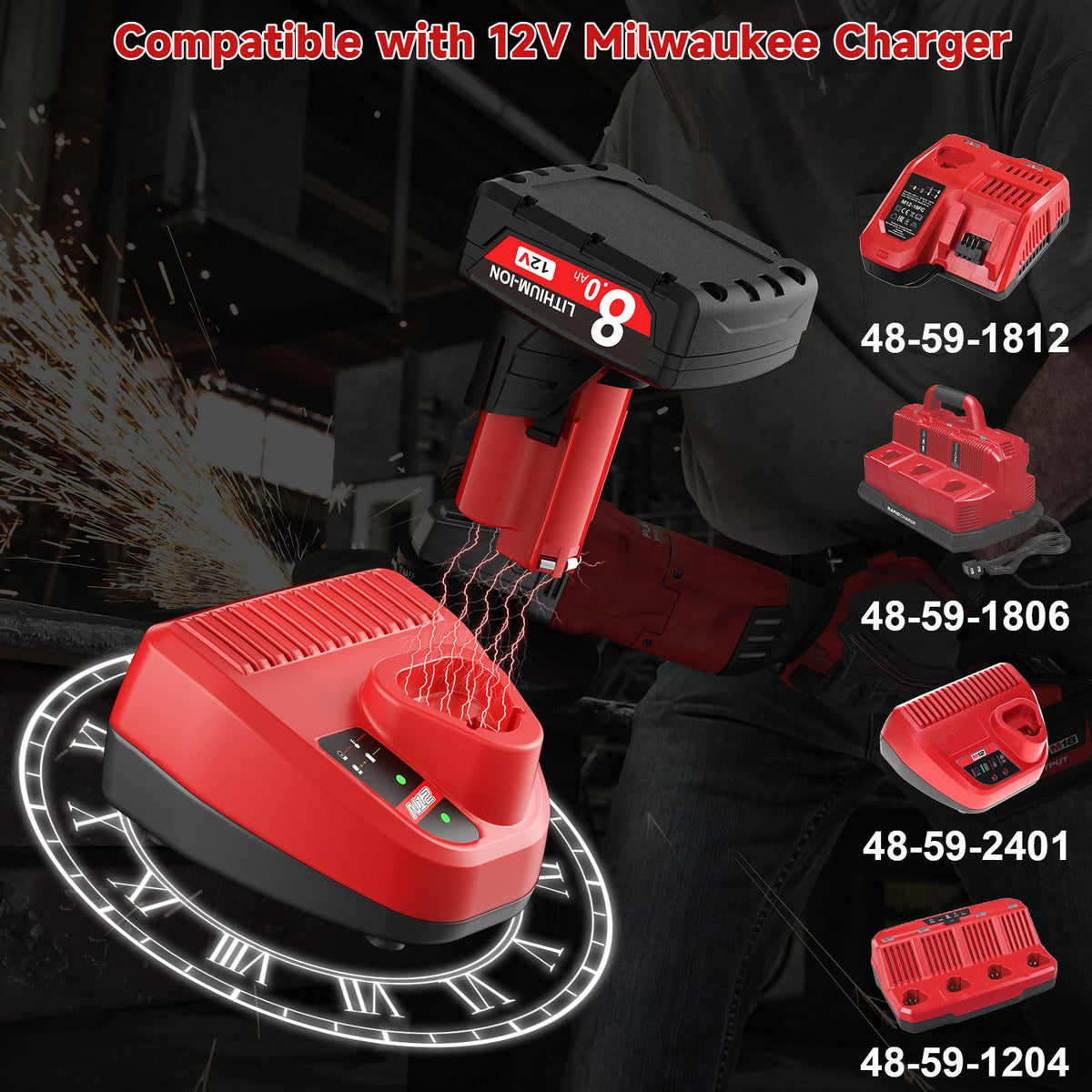 JUNWOOD 8.0Ah battery compatible with Milwaukee 48-11-2412 model.