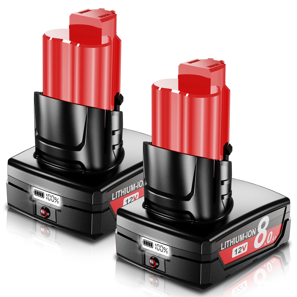 JUNWOOD 8.0Ah Milwaukee M12 battery LCD display readout for quick level checks.