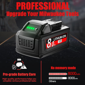 JUNWOOD M18 8Ah battery compatibility with Milwaukee 18V tools and chargers.