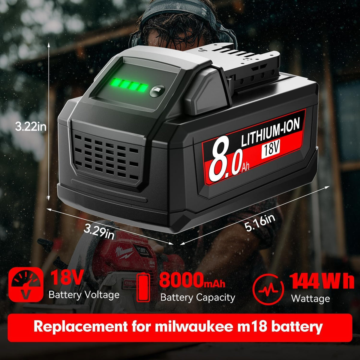 JUNWOOD M18 8Ah with LED indicator shows charging level at a glance.