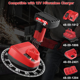 JUNWOOD Milwaukee M12 battery LCD display close-up highlighting battery level