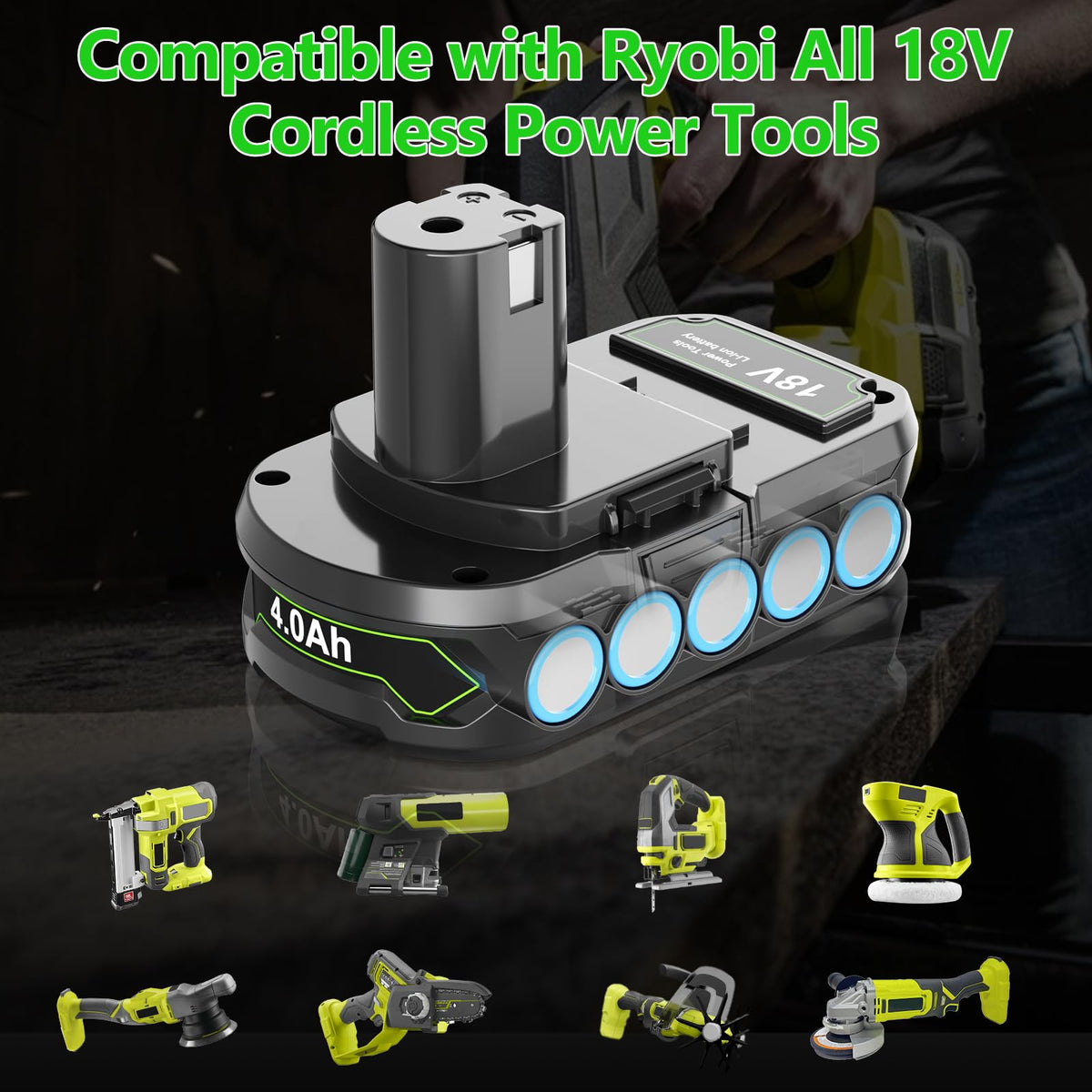 JUNWOOD 2-pack Ryobi 18V battery side indicator shows remaining charge