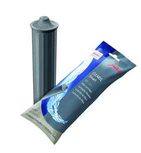 Jura Clearyl Smart water filter cartridge in gray packaging ready for installation.