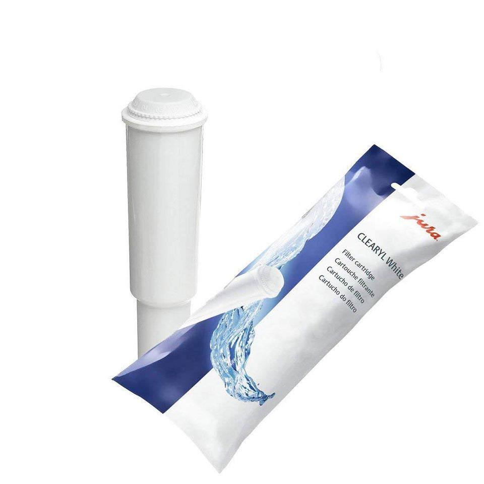 Jura Clearyl water-filter white front view showing filtration quality for better coffee.