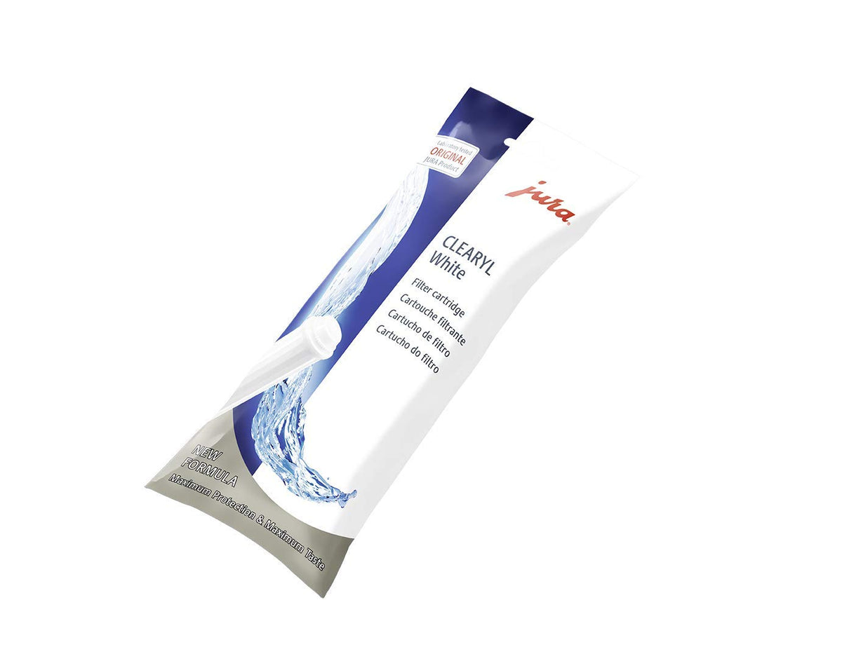 Jura Clearyl white water-filter side view highlighting easy replacement and consistent water quality.