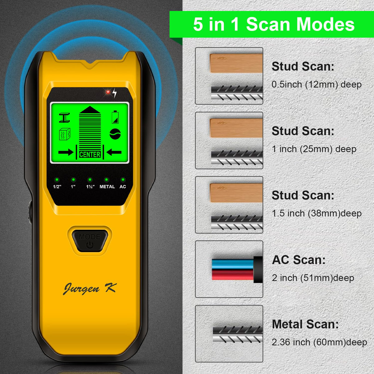 Jurgen K 5 in 1 detection modes locate wood, metal, and wires.
