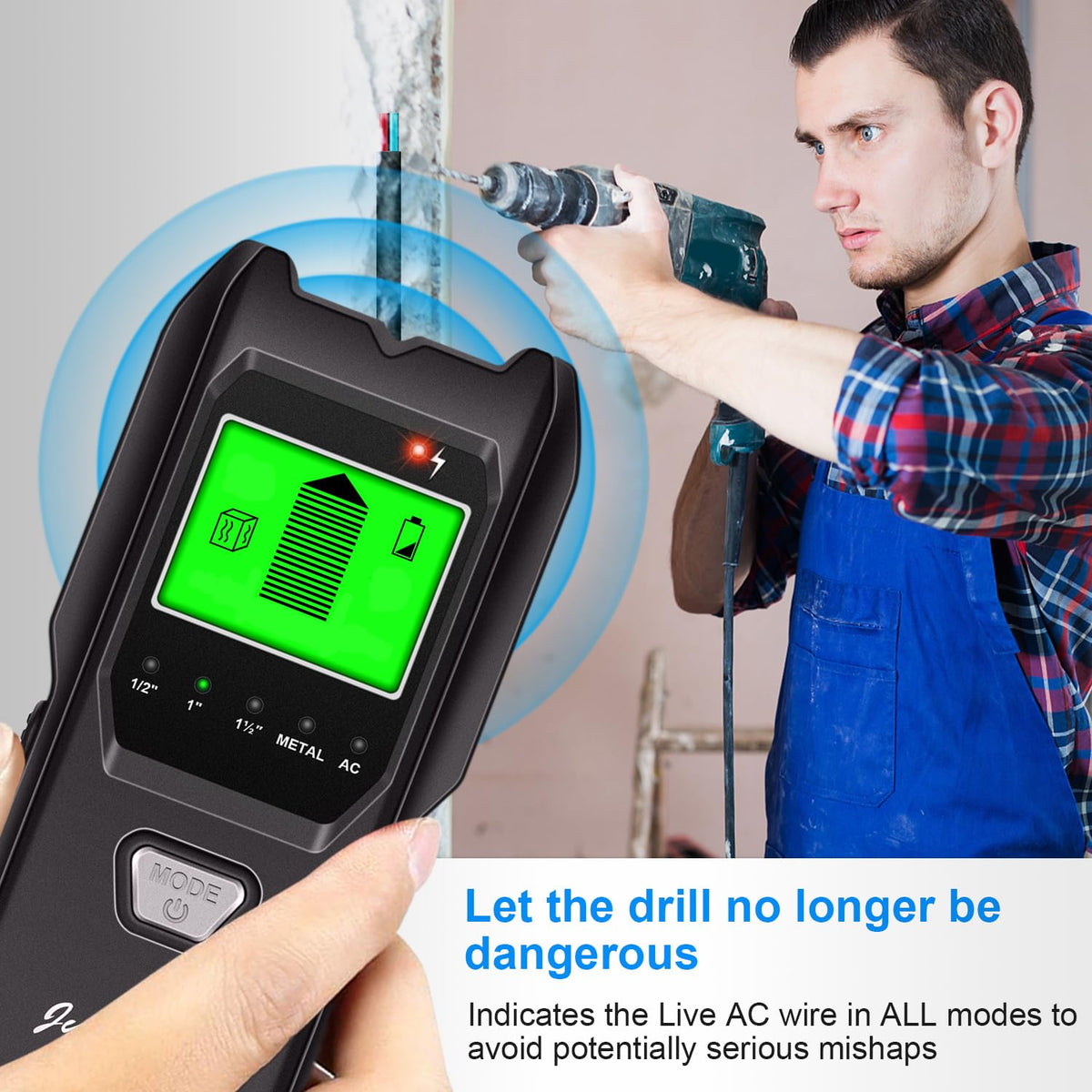 Jurgen K wall detector identifies studs, metal, and live wires behind surfaces.