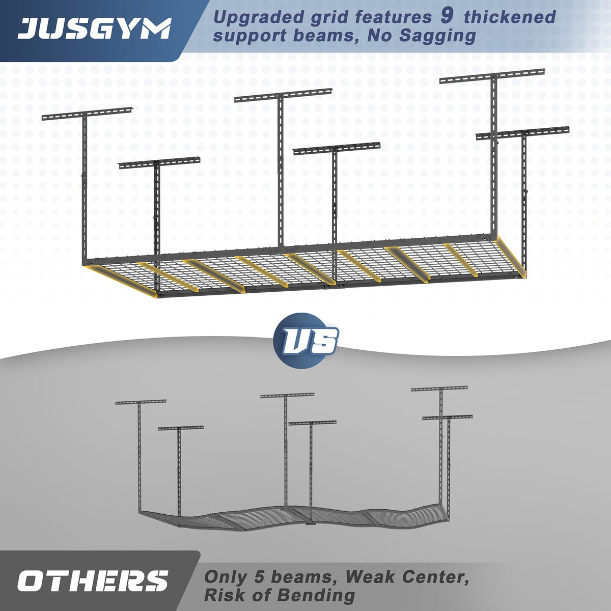 Jusgym 105-cubic-feet storage demonstrates vast ceiling-space utilization for bulky items.