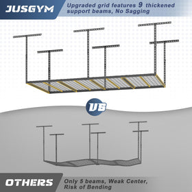 Jusgym 105-cubic-feet storage demonstrates vast ceiling-space utilization for bulky items.