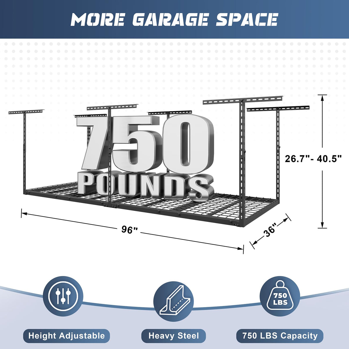 Jusgym 3x8ft storage rack grid under ceiling shows expansive 80 cubic feet of organized space.