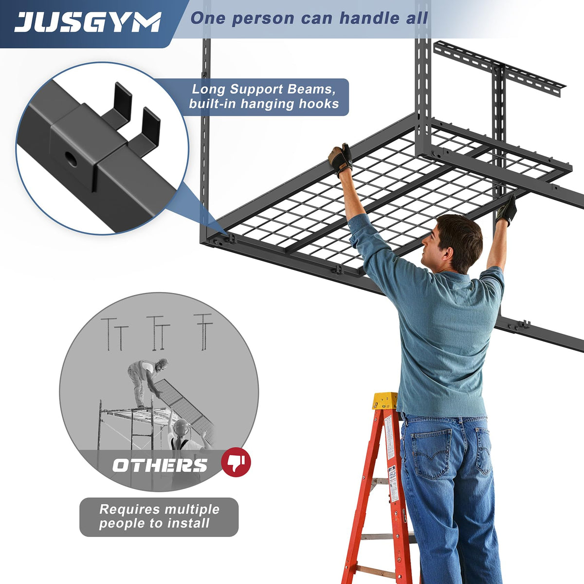 Jusgym 750lbs capacity storage rack supports heavy tools without bending.