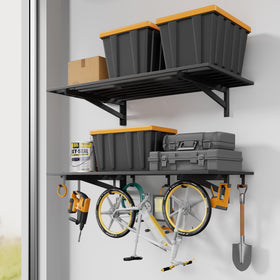 Jusgym 2x4ft garage shelves front view showing full width and stability.