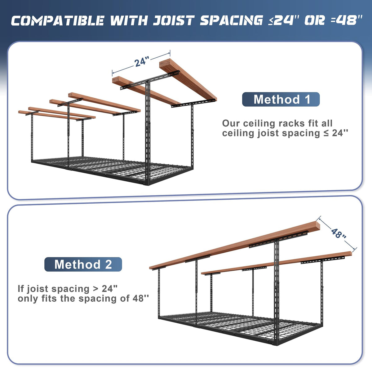 Jusgym heavy-duty metal frame emphasizes durability for long-term garage storage.