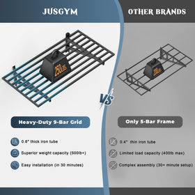 Jusgym heavy-duty steel frame detail emphasizing reinforced square tubes.