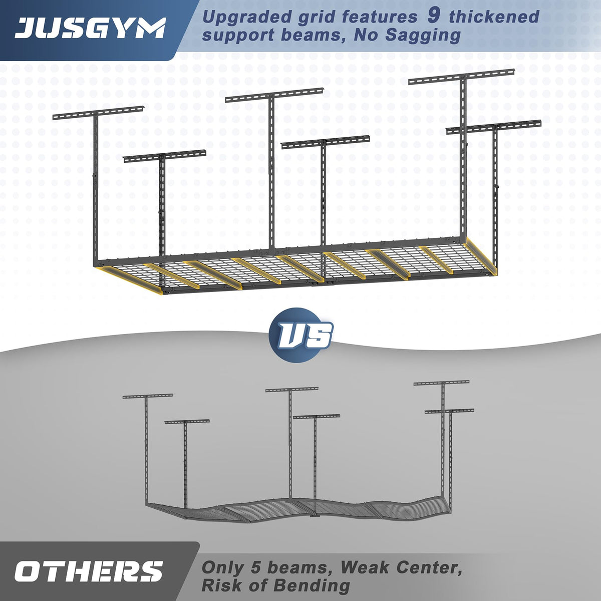Jusgym height-adjustable ceiling rack from 26 to 40 inches fits varied spaces.