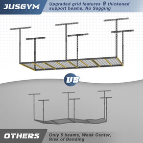 Jusgym height adjustable ceiling rack at 26-40 inches range for versatile garage clearance.
