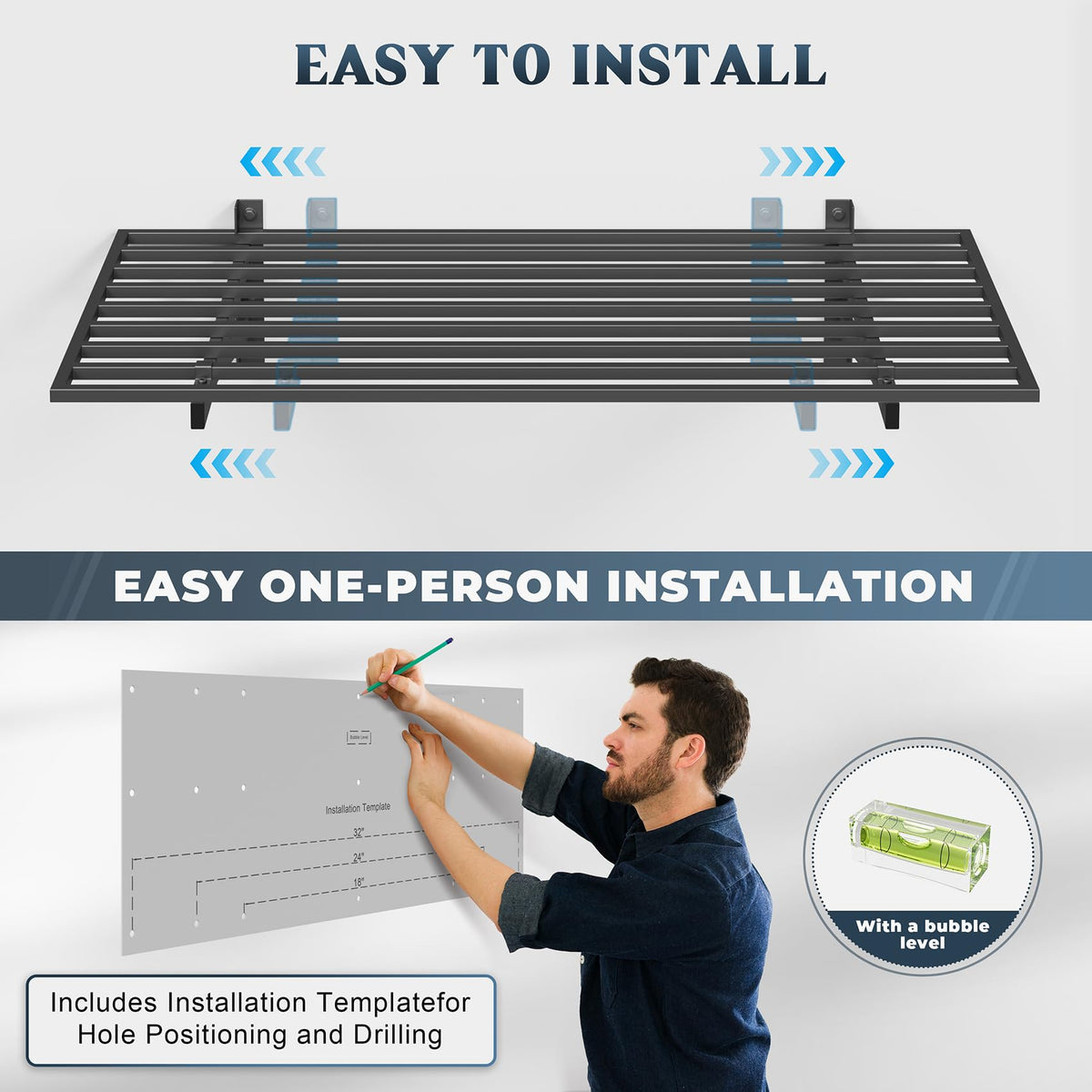 Jusgym installation template and bubble level shown for easy setup.