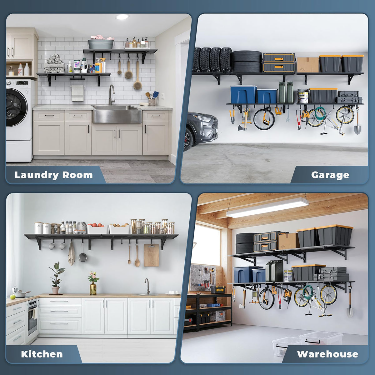 Jusgym organized garage with tools neatly stored on shelves.