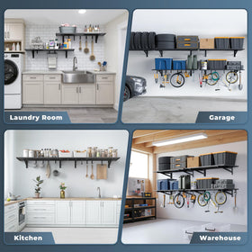 Jusgym organized garage with tools neatly stored on shelves.
