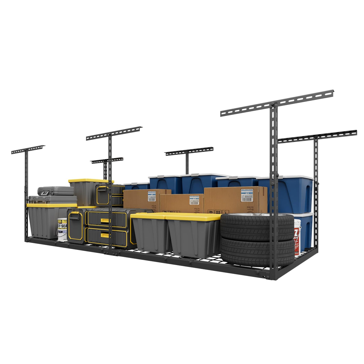 Jusgym overhead storage rack assembly demonstrates secure, one-person installation for a tidy garage.