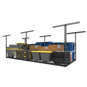 Jusgym overhead storage rack assembly demonstrates secure, one-person installation for a tidy garage.
