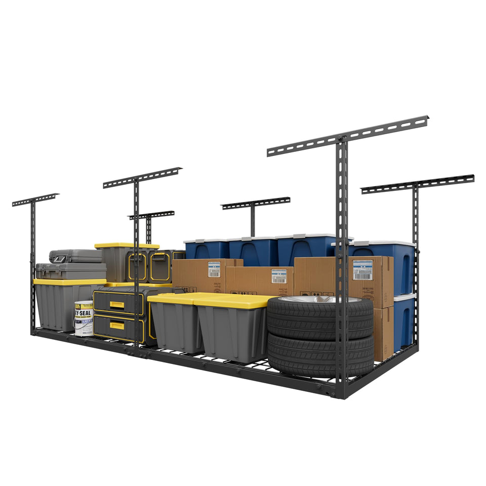 Jusgym overhead storage rack 3x6ft assembly secures panels for safe mounting.