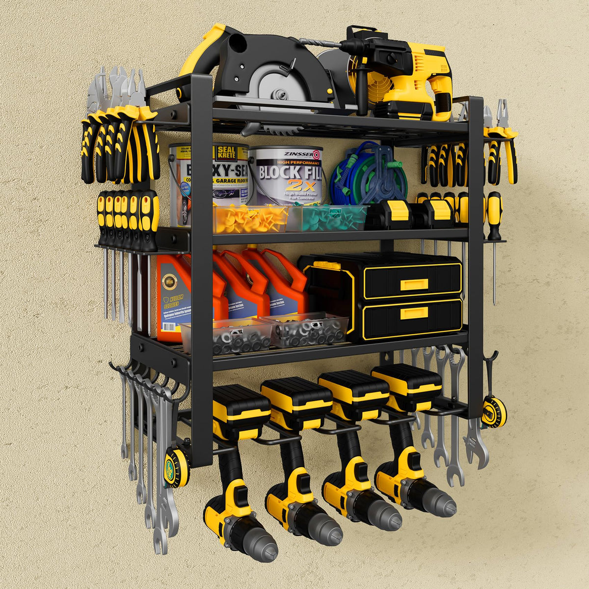 Jusgym Power Tool Organizer Wall Mount showing 200 lb capacity for heavy tools