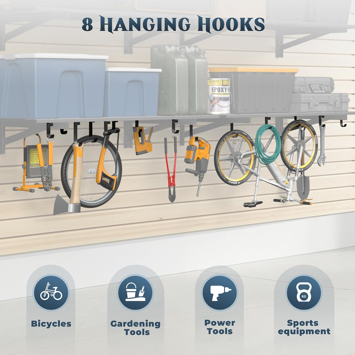 Jusgym shelf hooks collection displaying large and small hooks for versatile storage.