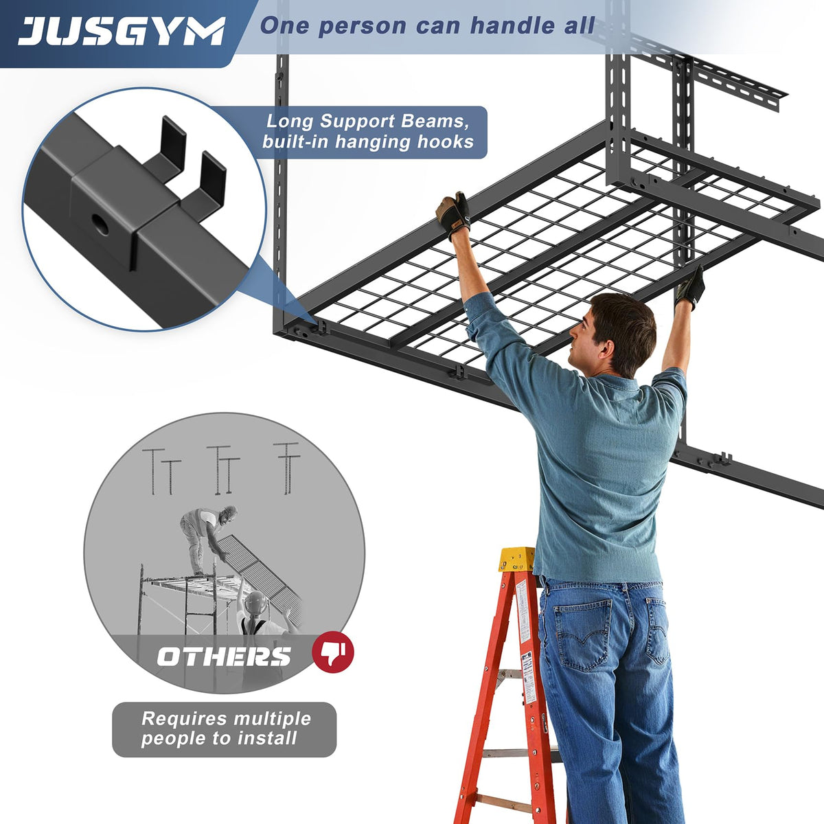 Jusgym 60 cubic feet of storage space maximizes garage organization above vehicles.