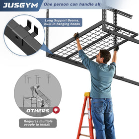 Jusgym 60 cubic feet of storage space maximizes garage organization above vehicles.