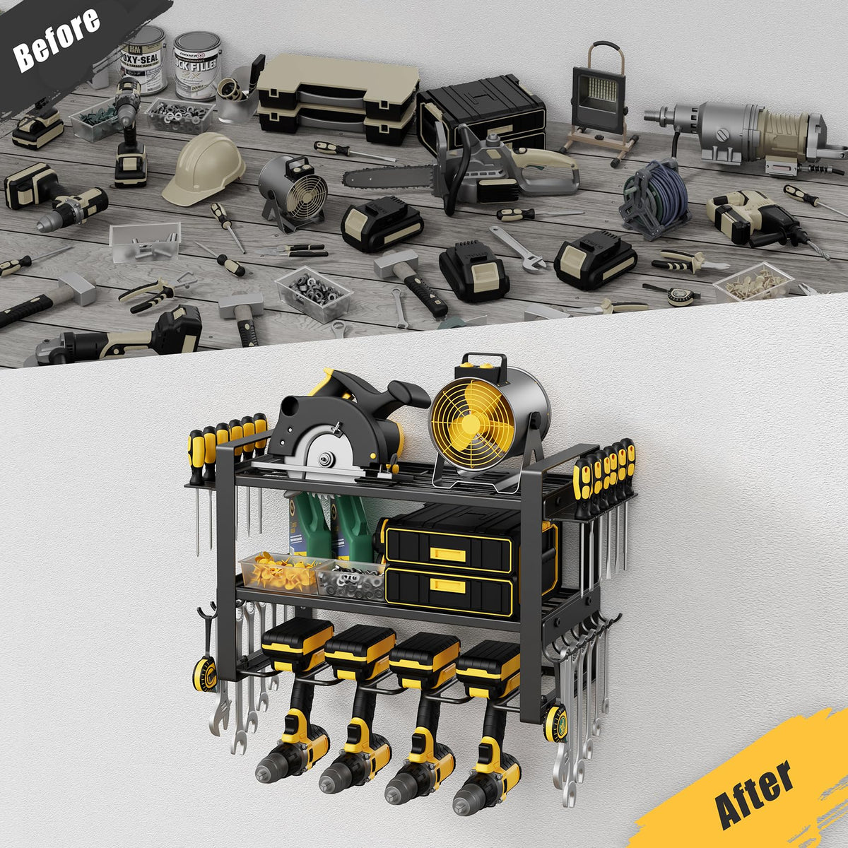 Jusgym tiered shelves hold bulky tools within easy reach.