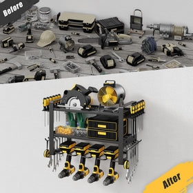 Jusgym tiered shelves hold bulky tools within easy reach.